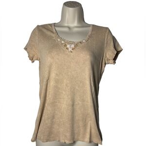xcit u.s.a. VTG Embellished Beige Top beads sequins. SZ M fairy boho cottage